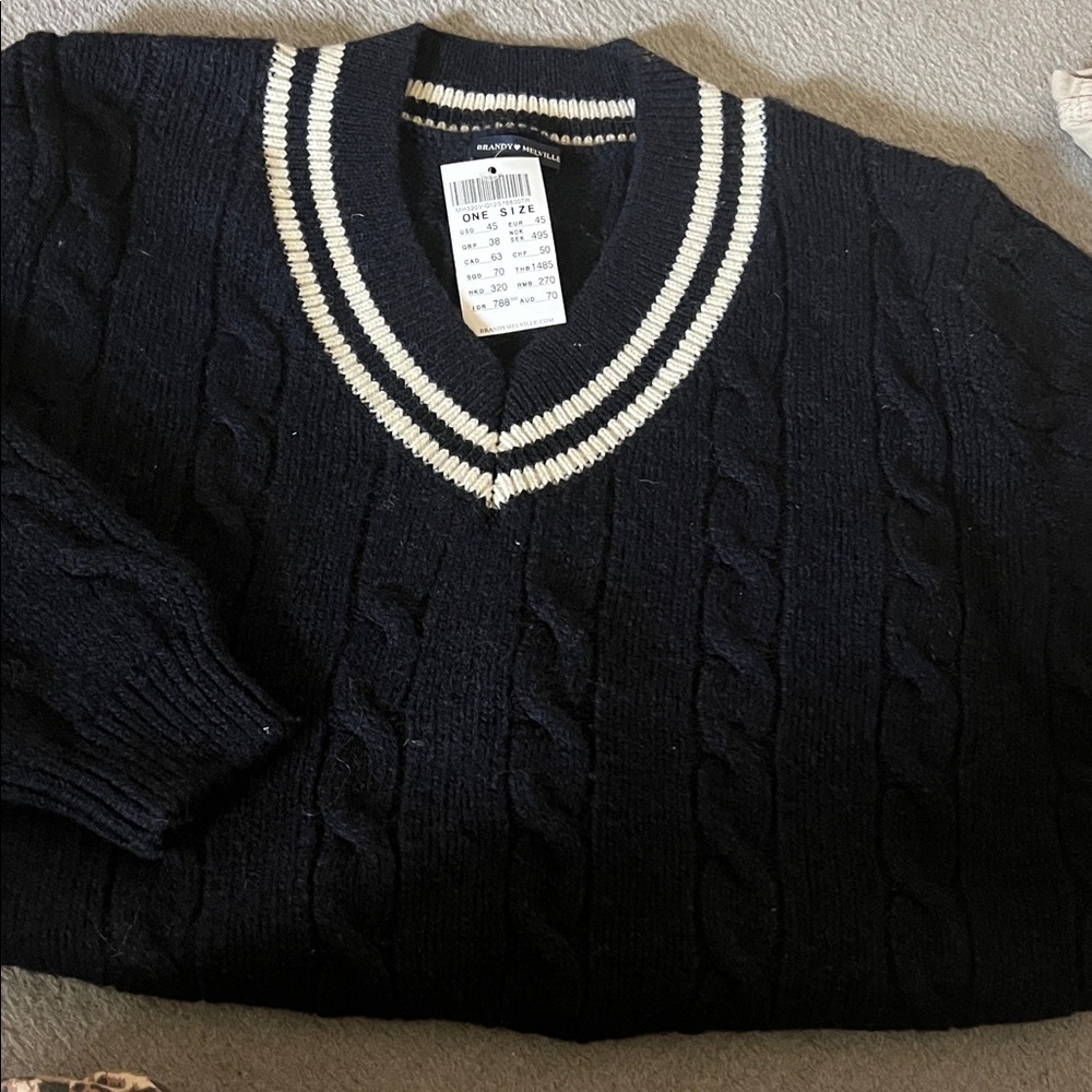 Brandi Melville Navy Cable-Knit V-Neck Sweater with Contrast Stripes
